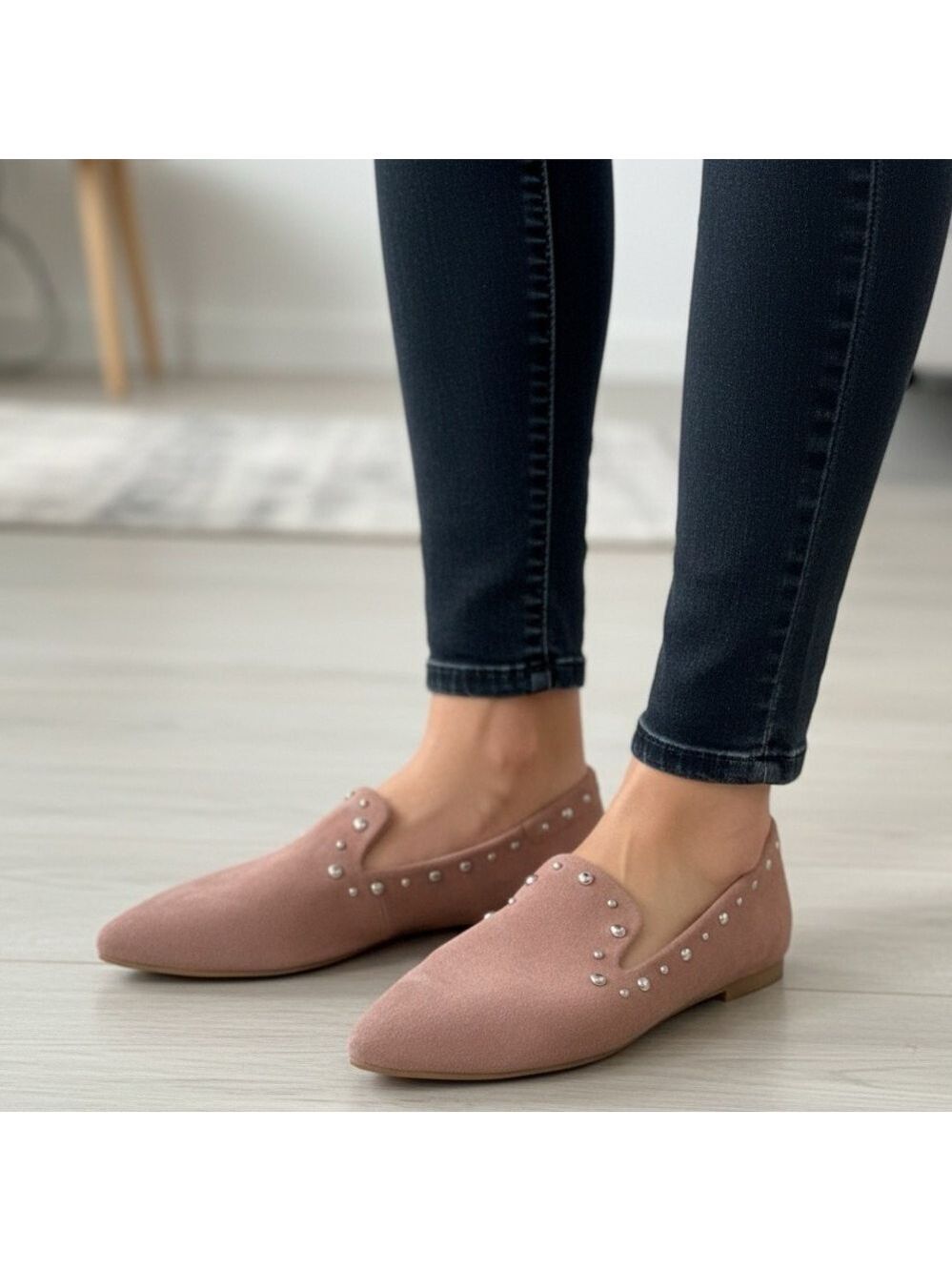 𝅺BRUSQUE ‘Dani’ Pointed Toe Genuine Suede Studded Flat in Light Pink Sz 36